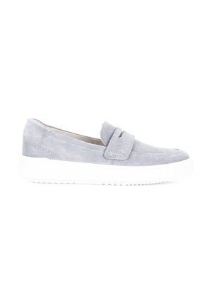 Light gray suede loafer with a white thick sole and penny strap detail, shown from the side on a white background.