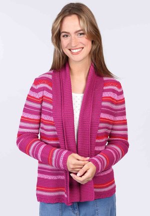 Knitted cardigan in variegated pink and red stripes. Features a shawl collar, open front, and ribbed cuffs. Textured and lightweight fabric.