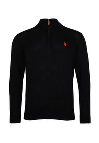 Schwarzer, langärmliger Strickpullover mit halbseitigem Reißverschlusskragen und kleinem roten, besticktem Logo auf der linken Brust.