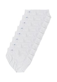 Mutande bianche di cotone con pizzo, caratterizzate da lati a costine e una superficie liscia. Disposte in una pila, mostrano più pezzi.