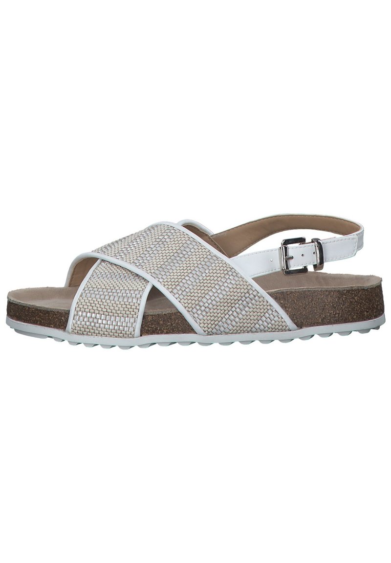 White sandal with woven textured upper, crossed straps, adjustable buckle, and a cork footbed, featuring a rubber sole with grip texture.