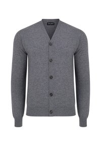 Szary kardigan sweter z dekoltem w serek, z długimi rękawami, prążkowanymi mankietami i dołem oraz pięcioma ciemnymi guzikami z przodu.