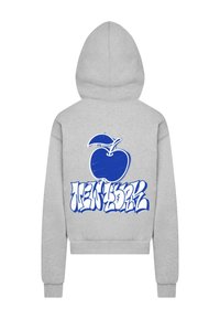 Felpa grigia con una grafica di una mela blu e la scritta "NEW YORK" in font graffiti blu sul retro. Presenta una tasca a marsupio e cappuccio.