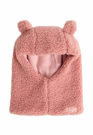 Weiche rosa Fleece-Mütze mit Bärenohren, die eine flauschige Textur und ein glattes Innenfutter aufweist. Beinhaltet ein kleines "JOJO"-Label am unteren Rand.
