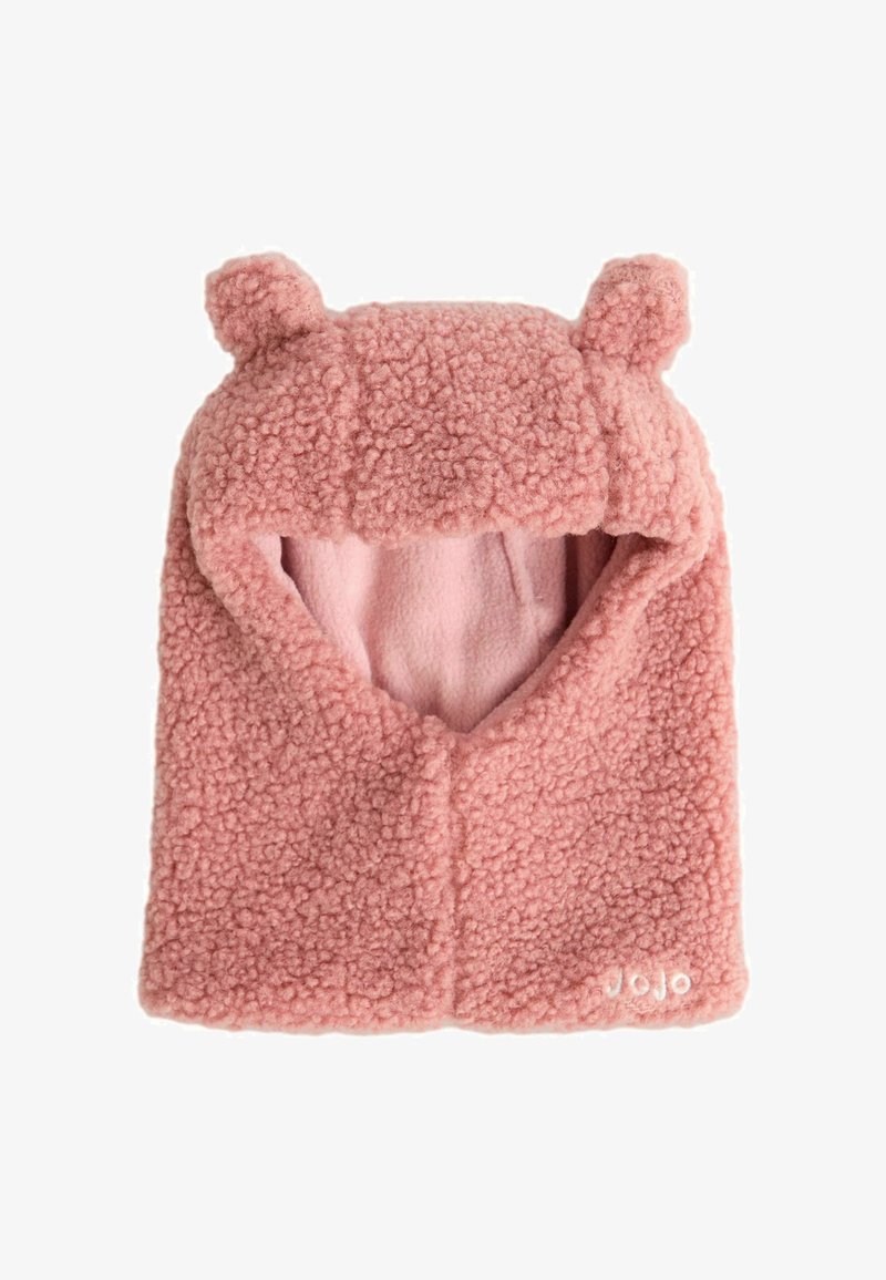 Mīksta rozā flīsa cepure ar lāču ausīm, kurai ir pūkains tekstūrs un gluda iekšējā oderes. Apakšā ir neliela "JOJO" etiķete.