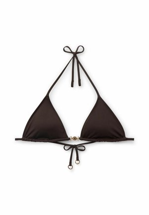 Sort trekantsbikinitop med halterneck og bindebånd bagpå, med en lille guldlås og dekorative ringe på frontstropperne.