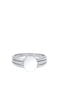 Sølvring med en glat, rund midte, tre slanke bånd, poleret finish og minimalistisk design.