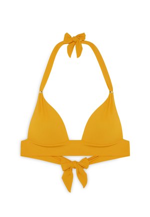 Yellow triangular bikini top with halter neck ties and a wide base. Smooth texture with side hardware and matching ties at the back.