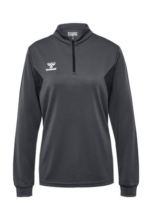 Langärmeliger schwarzer Sportpullover mit hohem Kragen, Viertel-Reißverschluss, Netztextur und kontrastierenden schwarzen Seiteneinsätzen. Hummel-Logo auf der Brust.