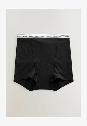 Schwarze Baumwoll-Boxershorts mit einem weißen elastischen Bund, der den Markennamen "NEXT" trägt. Glatte Textur und klassisches Design.