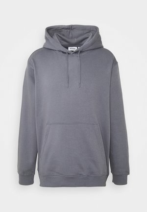 Gray pullover hoodie with front kangaroo pocket and adjustable drawstring hood, displayed against a white background.