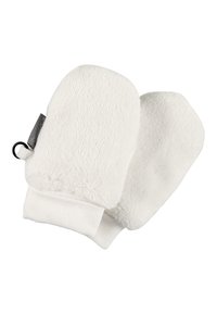 Weiße Fleece-Handschuhe mit weicher Textur, ausgestattet mit einem elastischen Bündchen für einen sicheren Sitz. Enthält ein kleines graues Etikett und eine Schlaufe zum Aufhängen.