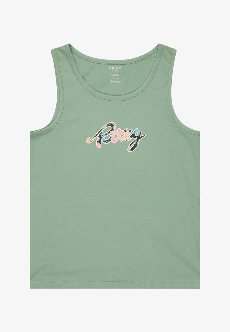 Zelený tílko vyrobené z organické bavlny, s multicolorovým logem "Roxy". Klasický bezrukávový design s kulatým výstřihem a prošívaným lemem.