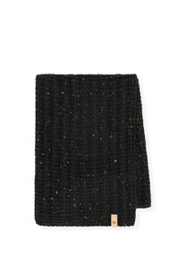 Czarny dziergany szalik z prążkowaną teksturą, ozdobiony kolorowymi plamkami. Zawiera małą drewnianą metkę z logo "W".