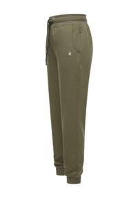 Olivgröna sweatpants gjorda av mjukt tyg, med resårmidja, snörning, sidofickor och ribbade muddar.