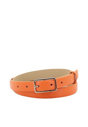 Orange leather belt with rectangular silver buckle, coiled with visible adjustment holes on a white background.