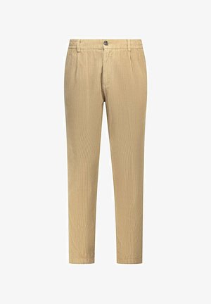 Pantaloni beige in velluto a coste con vestibilità dritta, chiusura con bottone, tasche frontali e texture verticale a coste per profondità.