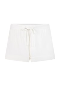 Shorts blancs à taille élastique avec cordon de serrage, présentant une texture lisse et des ourlets repliés, conçus pour le confort et la facilité de port.
