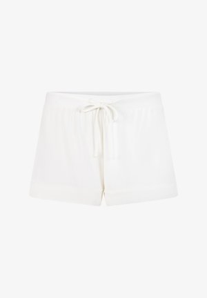 Witte shorts met elastische taille en een trekkoord, voorzien van een soepele textuur en omgeslagen boorden, ontworpen voor comfort en gebruiksgemak.