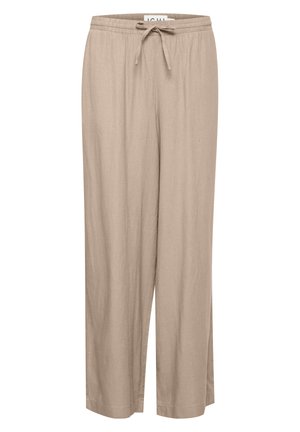 Beżowe lniane spodnie o luźnym kroju, z elastycznym pasem i sznurkiem oraz prostymi nogawkami, tworzącymi wygodną, casualową sylwetkę.