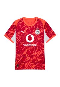 Rød og orange mønstret fodboldtrøje med hvide ærmer, har Vodafone-logo og BVB 09-badge, lavet af letvægtsstof.