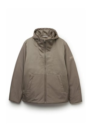 Hoodie-jacka i en dämpad taupe-färg, med frontdragkedja, två stora fickor och en slät, texturerad tygfinish.