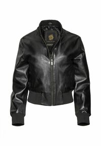 Schwarze Leder-Bomberjacke mit Reißverschluss, gerippten Bündchen und Saum sowie einem Kragen. Glatte Textur und taillierte Passform.