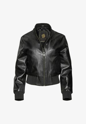 Schwarze Leder-Bomberjacke mit Reißverschluss, gerippten Bündchen und Saum sowie einem Kragen. Glatte Textur und taillierte Passform.