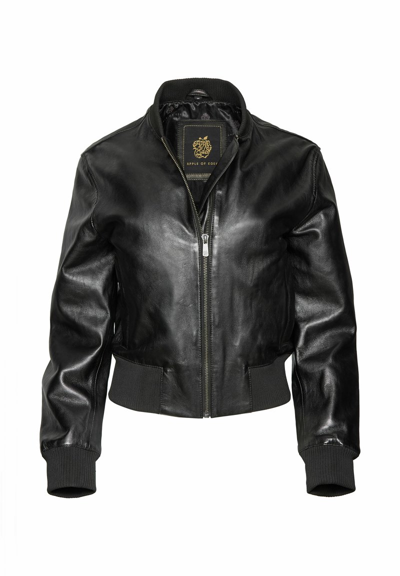 Schwarze Leder-Bomberjacke mit Reißverschluss, gerippten Bündchen und Saum sowie einem Kragen. Glatte Textur und taillierte Passform.