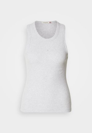 Light gray ribbed tank top with a round neckline and no sleeves. Features a fitted design and subtle logo near the center. Soft texture.