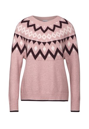 Różowy sweter z dzianiny z geometrycznym wzorem, w którym znajdują się białe diamenty i ciemne akcenty w zygzaki. Okrągły dekolt oraz ściągacze na rękawach i u dołu.