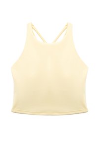 Farkapaiset vaaleankeltainen crop-top, jossa on korkea kaula-aukko ja ohut ristikkäin kulkeva selkäremmi, aseteltuna tasaiseksi valkoista taustaa vasten.