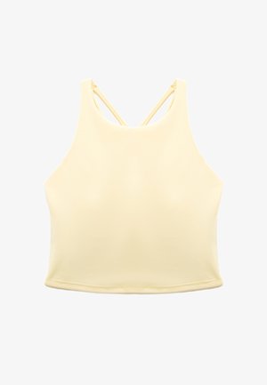 Ärmelloses, hellgelbes Cropped-Top mit hohem Ausschnitt und dünnen, gekreuzten Trägern am Rücken, flach auf einem weißen Hintergrund ausgelegt.