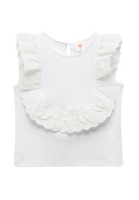 Top blanco sin mangas con un cuerpo texturizado, un gran volante de encaje de ojos alrededor del escote, y una abertura con forma de llave en la parte posterior.