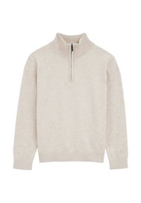 Smėlio spalvos megztinis-perlų su užtrauktuku ant iškilto kaklo, ribinėmis rankovėmis ir apačia, pagamintas iš minkšto mišraus audinio, pasižymintis minimalistiniu dizainu ir tekstūra.