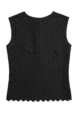 Haut sans manches en dentelle noire avec motif floral et ourlet festonné, coupe ajustée et encolure ronde.