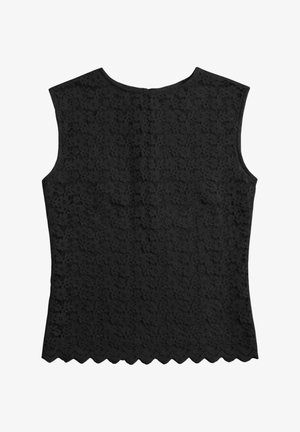 Haut sans manches en dentelle noire avec motif floral et ourlet festonné, coupe ajustée et encolure ronde.