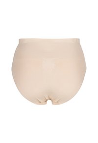 Beige högmidjade shaping underkläder med en slät yta, elastisk midja och veckdetaljer på baksidan för en säker passform.