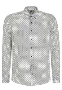 Chemise blanche à manches longues avec un petit motif floral circulaire en bleu foncé et des pois jaunes partout.