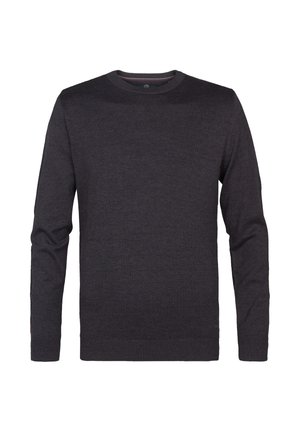 Maglione grigio scuro realizzato in morbido tessuto a maglia. Presenta un colletto a girocollo e maniche lunghe, con polsini e fondo a coste. Nessun motivo visibile.
