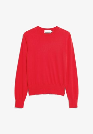 Roter Langarm-Pullover mit Rundhalsausschnitt, gerippten Bündchen und Saum, mit kleinem Logo an der unteren rechten Seite.