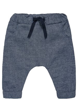 Weiche Babykinderhose in Marineblau mit dezentem Karomuster, elastischem Bund, Kordelzug und umgeschlagenen Bündchen.