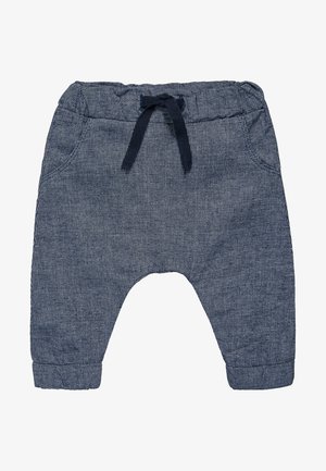 Pantalones de bebé en azul marino suave con un patrón a cuadros sutil, cintura elástica, cordón ajustable y puños doblados.