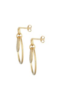 Guld hoop øreringe med en tekstureret cirkulær accent. Lavet af metal med en shiny finish, har de et enkelt lukkedesign.