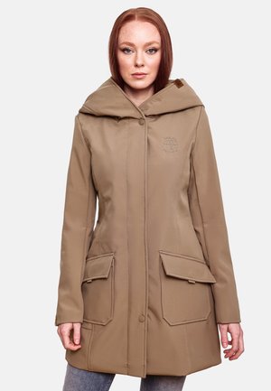 Beige waterproof parka with a large hood, two front pockets, and embroidered logo. Smooth texture and tailored fit.