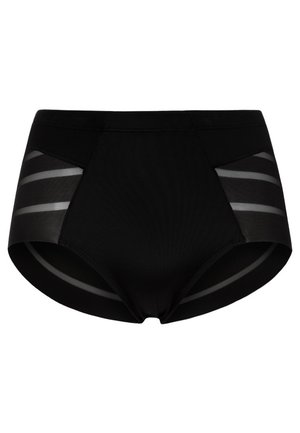 Sorte hipster-truser laget av et glatt stoff med gjennomsiktige mesh-sidelapper med horisontale striper. Elastisk midjebånd for komfort.
