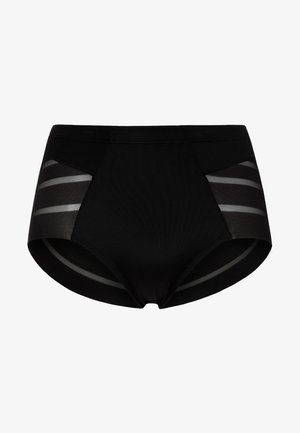 Boxers hipster noirs en tissu lisse avec des panneaux en mesh transparent sur les côtés, ornés de rayures horizontales. Ceinture élastique pour plus de confort.