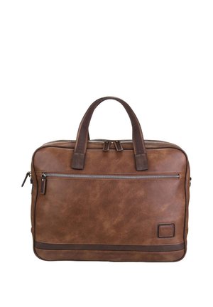 Braune Lederaktentasche mit zwei Griffen, horizontaler Reißverschlusstasche vorne und genähter Verzierung entlang der unteren Kante.