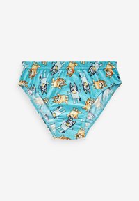 Kinder-Schwimmslips in Hellblau mit einem Allover-Muster von Cartoon-Hunden in verschiedenen Posen, ausgestattet mit einem elastischen Taillenbund und weichem Stoff.