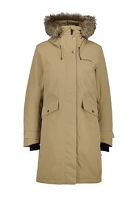 Beige Außenjacke mit gefütterter Kapuze aus Fell, Frontreißverschluss und Knopfverschluss, zwei Brusttaschen und verstellbaren Bündchen. Klassisches, funktionales Design.